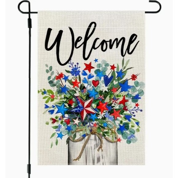 Garden Flag 12x18in Double-sided Burlap Welcome Red, White & Blue Stars Floral - Picture 1 of 1